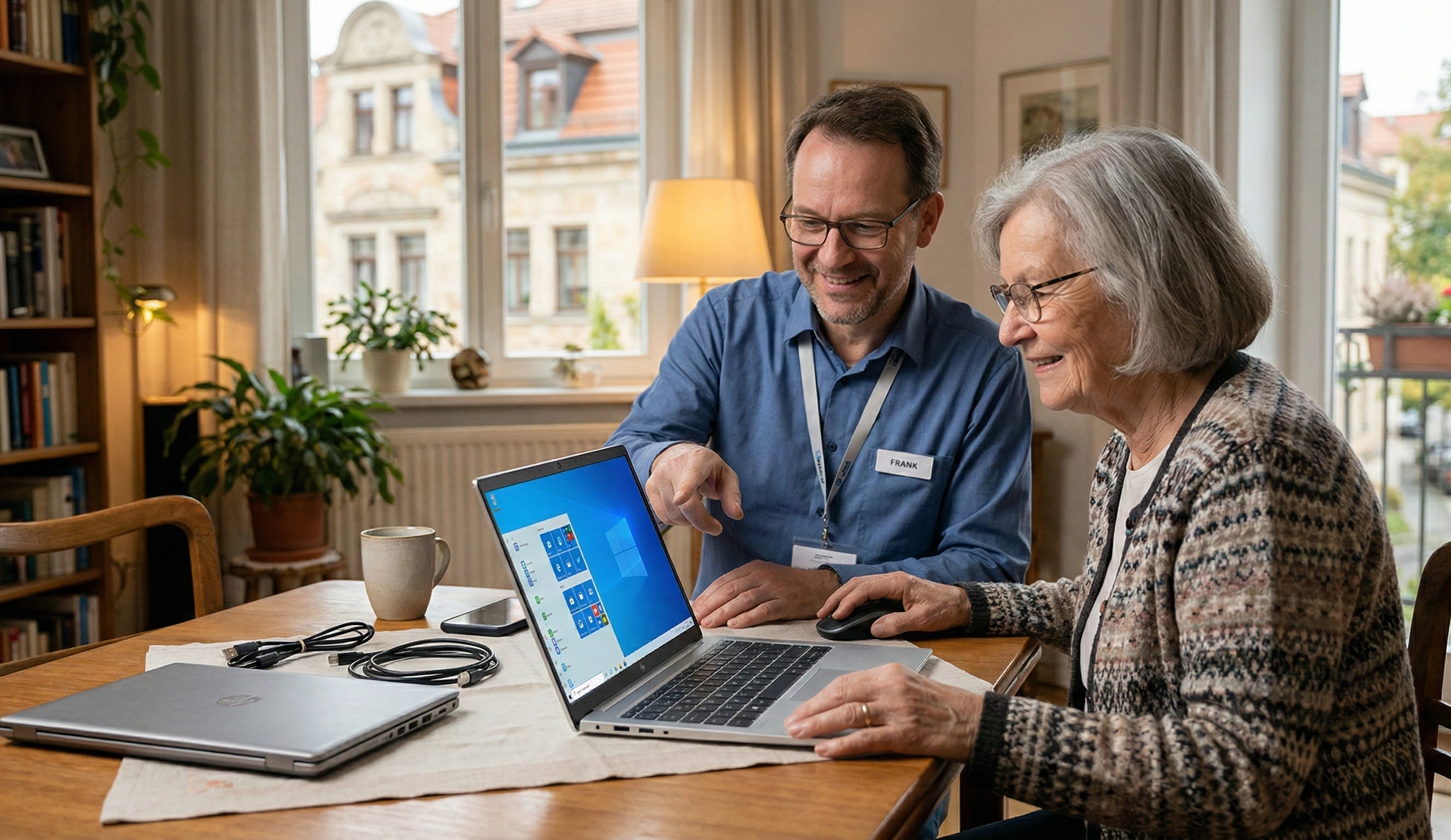 Geduldiger IT-Berater hilft einer Seniorin zu Hause in Dresden bei der Ersteinrichtung ihres neuen Laptops.