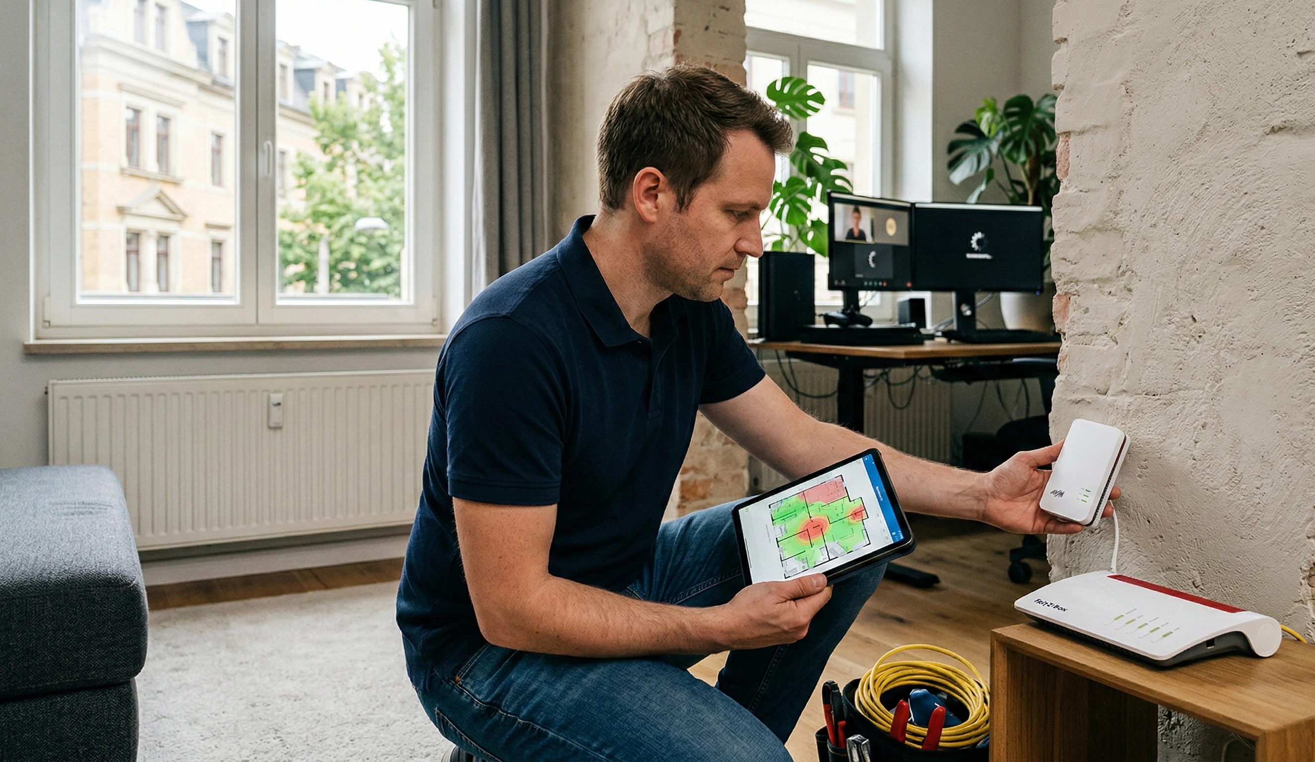 IT-Experte optimiert WLAN-Empfang mit Tablet und Mesh-Router in einer Dresdner Altbauwohnung.
