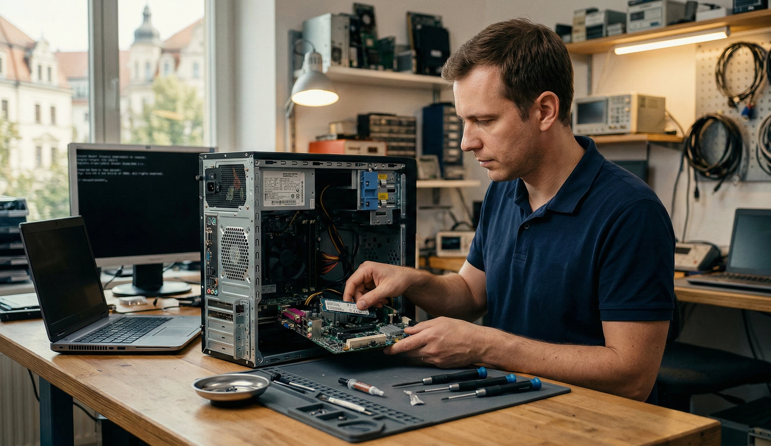 Techniker repariert und rüstet einen geöffneten Desktop-PC in einer Werkstatt in Dresden auf.